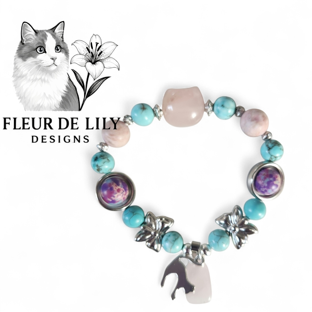 Natural Rose Quartz Tourquoise And Purple Sea Jasper With Silver Accents 7" 10mm